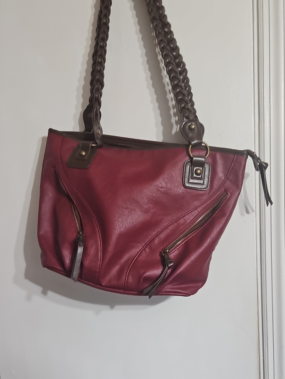 Rich Burgundy Shoulder Bag with Braided Dark Brown Straps